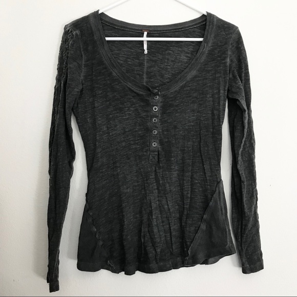 Free People Tops - Free People Charcoal Gray Lace Sleeve Henley